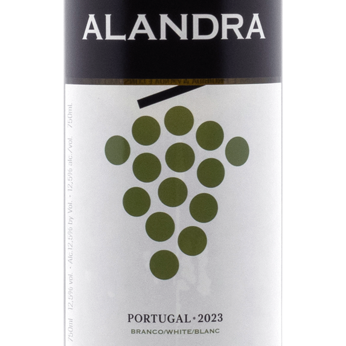 Alandra White wine 2023 bottle featuring crystal-clear citrine color and grape design, showcasing fresh white fruit and citrus aroma.