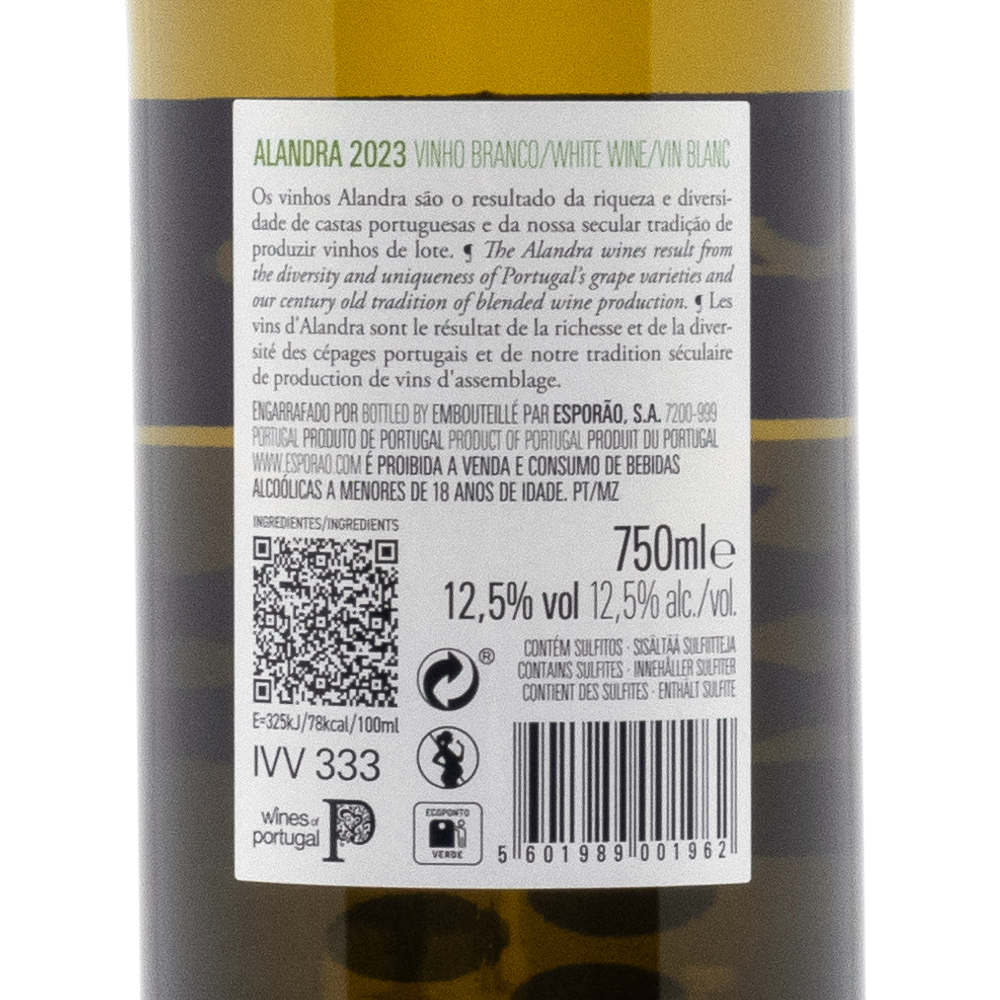 Alandra 2023 white wine bottle label featuring tasting notes, alcohol content, and QR code for product information.