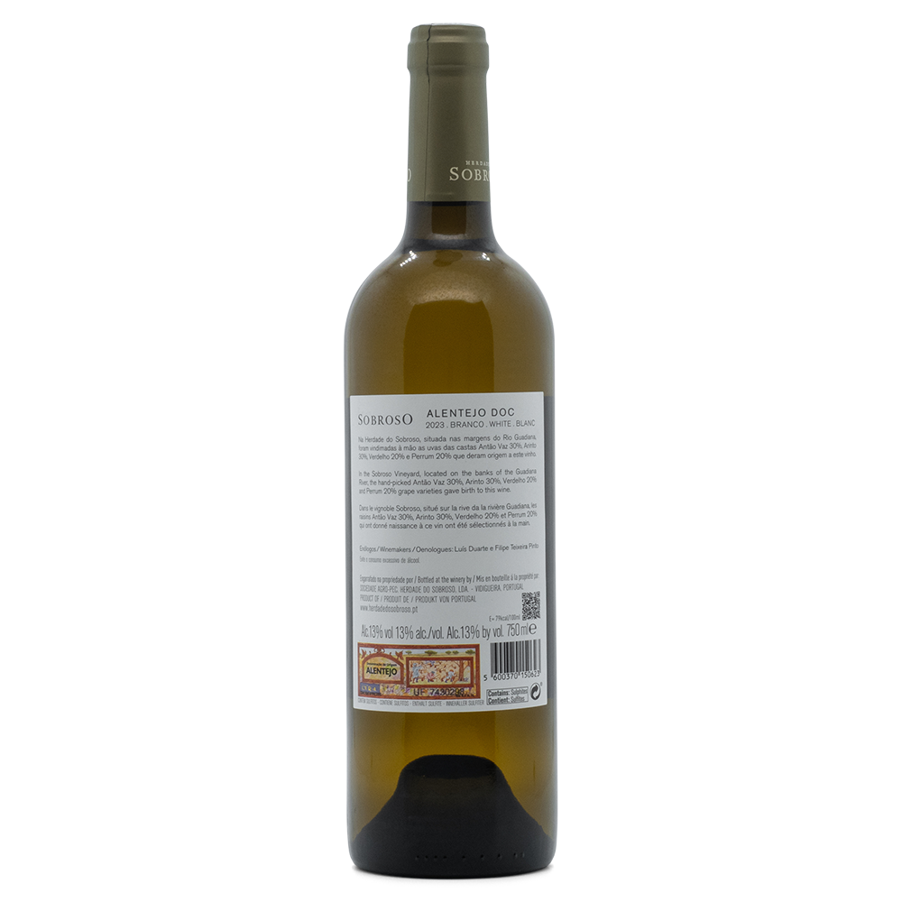 Herdade do Sobroso Alentejo DOC white wine bottle showcasing tasting notes and elegant design.