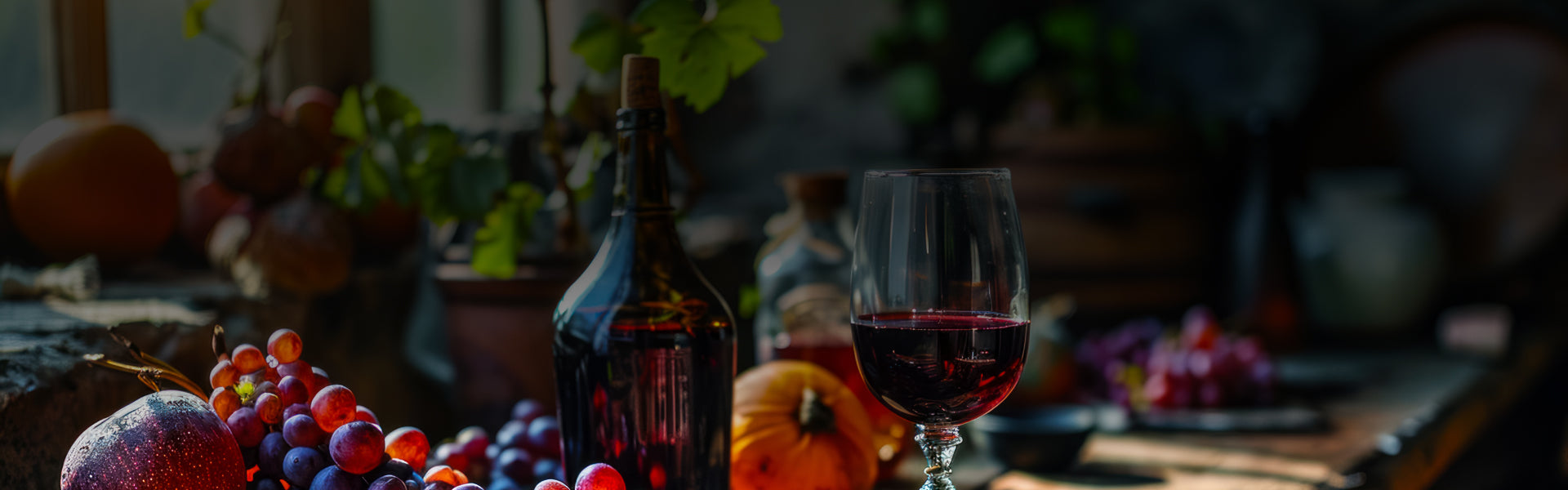 A wine bottle and glass on a dinner table