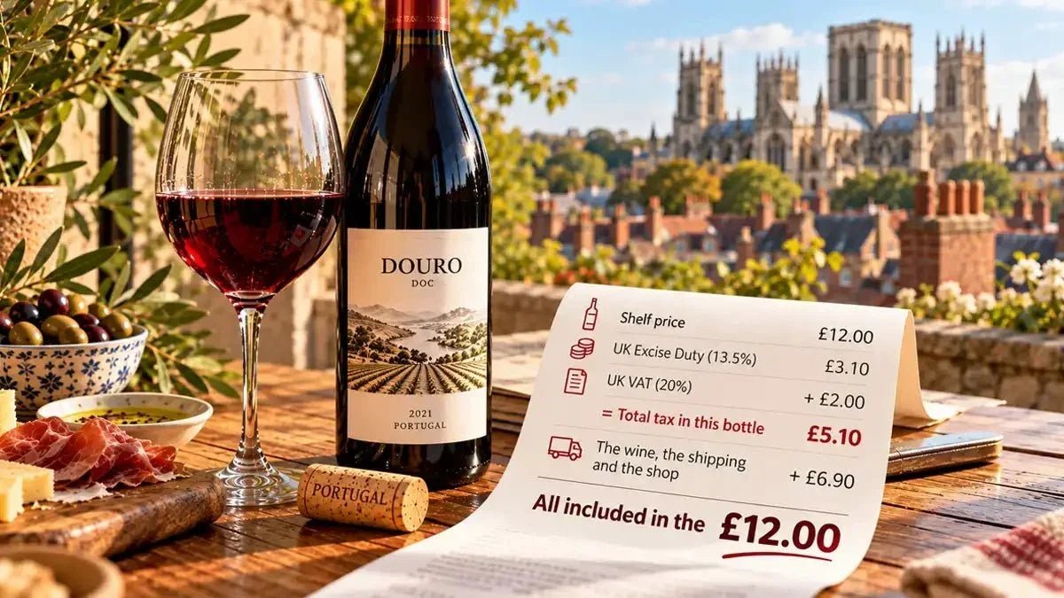 A receipt beside a bottle of Douro red showing the £12 shelf price broken down into £3.10 excise duty, £2.00 VAT and £6.90 for the wine, the shipping and the shop