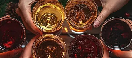 Five glasses of portuguese wines held by hands in a celebratory manner.