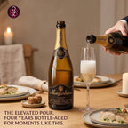 Bottle of Mueganheira sparkling wine being poured into a glass on a dining table with plates and candles.