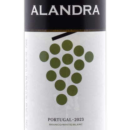 Alandra White wine 2023 bottle featuring crystal-clear citrine color and grape design, showcasing fresh white fruit and citrus aroma.