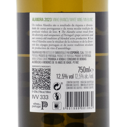 Alandra 2023 white wine bottle label featuring tasting notes, alcohol content, and QR code for product information.