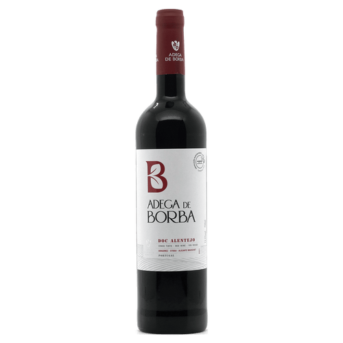 Red wine bottle with 'Adegá de Borba' label on a white background