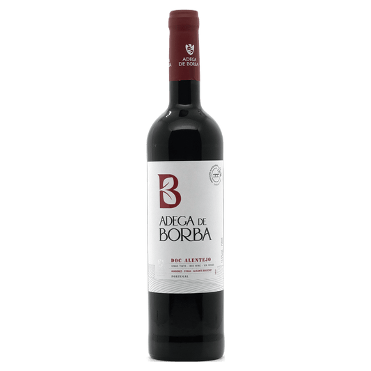 Red wine bottle with 'Adegá de Borba' label on a white background