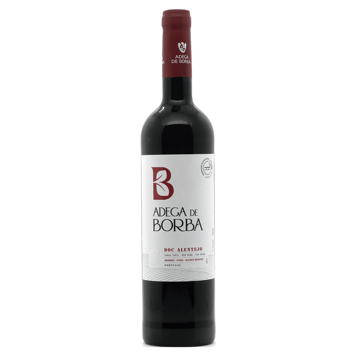 Red wine bottle with 'Adegá de Borba' label on a white background