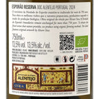The back of a wine bottle label for Esporão Reserva Doc ALENTEJO PORTUGAL 2024, showing product details, ingredients, QR code, organic certification logo, and a wine bottle illustration.