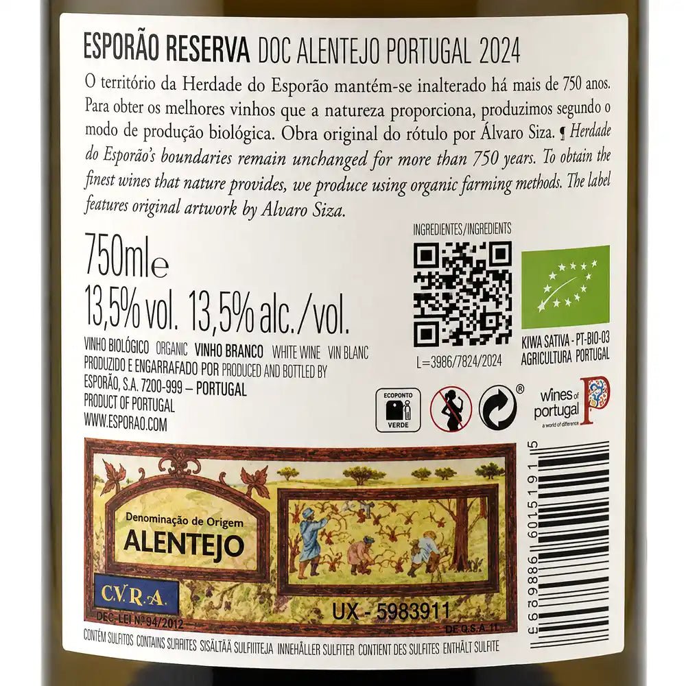 The back of a wine bottle label for Esporão Reserva Doc ALENTEJO PORTUGAL 2024, showing product details, ingredients, QR code, organic certification logo, and a wine bottle illustration.