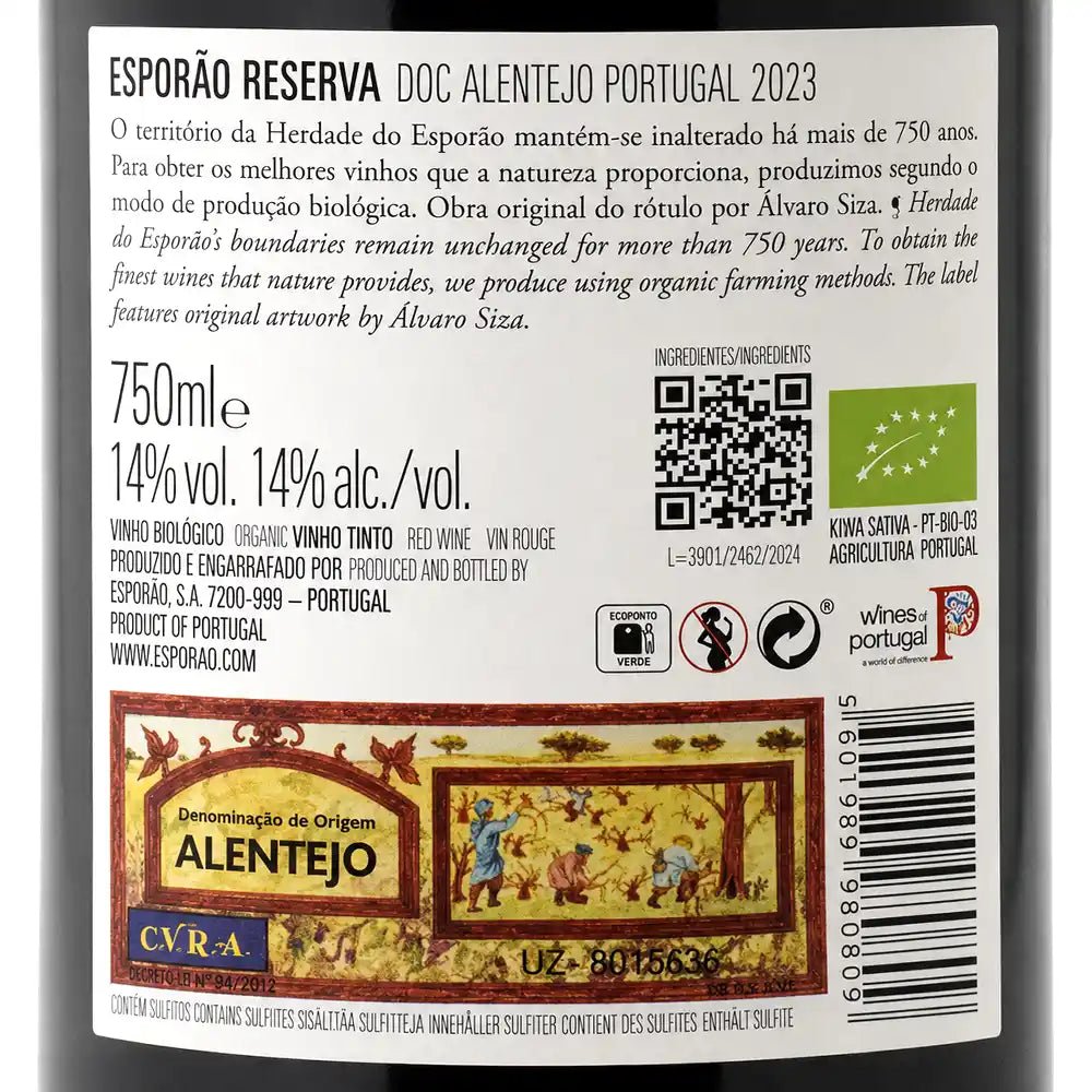 The back of a bottle of Esporão Reserva DOC Alentejo Portuguese red wine, showing product details, ingredients, a QR code, and a colorful vintage-style label illustration.