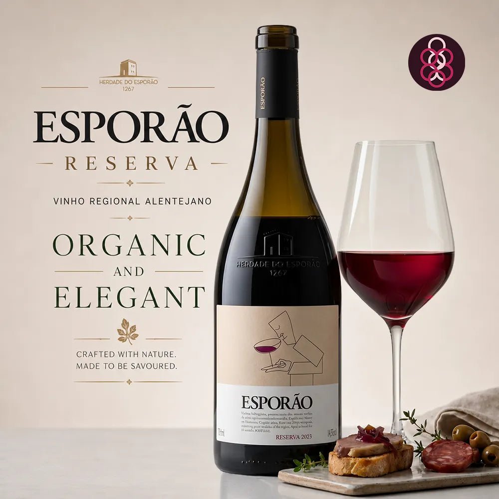 A bottle of Esporão Reserva red wine stands next to a filled wine glass, with food garnishes and promotional text on a warm beige background.