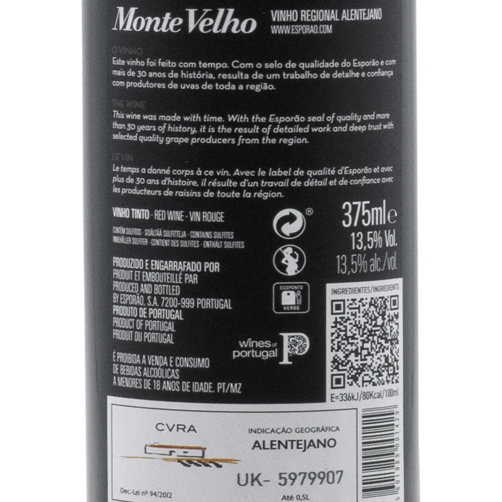 Monte Velho wine label, showcasing its ruby color, tasting notes of red berries, and Alentejo regional details.