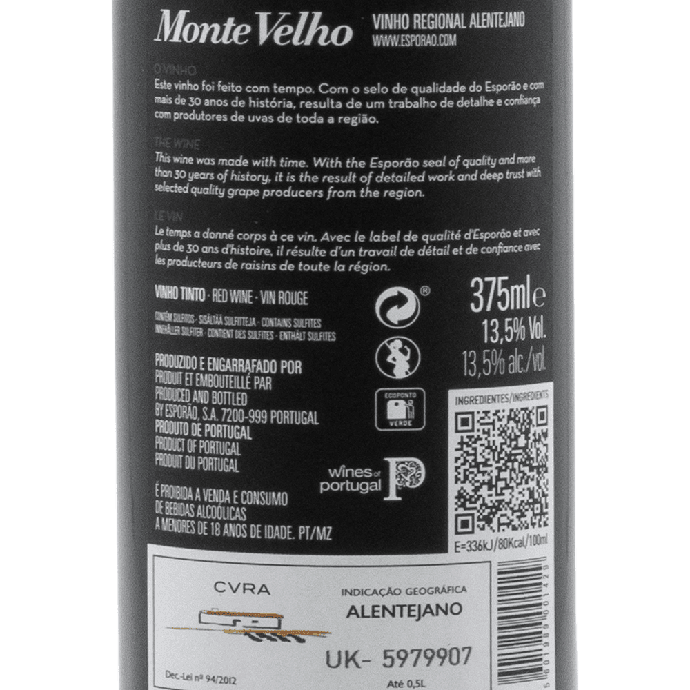 Monte Velho wine label, showcasing its ruby color, tasting notes of red berries, and Alentejo regional details.