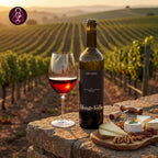 Bottle of Monte Velho wine with a glass and cheese platter in a vineyard setting