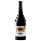 A bottle of Quinta do Portal red wine, featuring a dark glass bottle with a black capsule and a white label displaying a rustic food illustration.