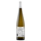 A tall glass bottle of Vallado-Prima white wine shown from the back, featuring a white screw cap, a dark olive-green glass body, and a detailed white product label with text and a QR code.