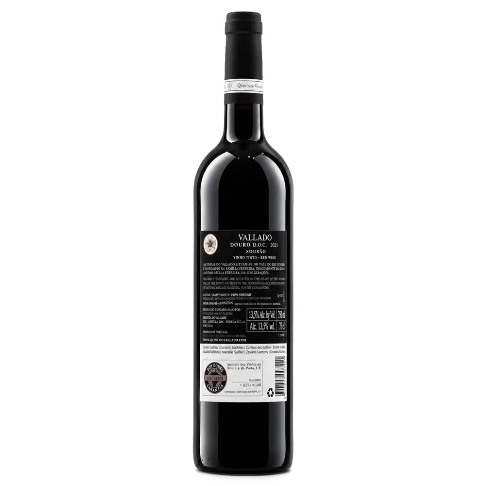 A bottle of Vallado Vallado Sousão Douro D.O.C. 2021 red wine shown from the back