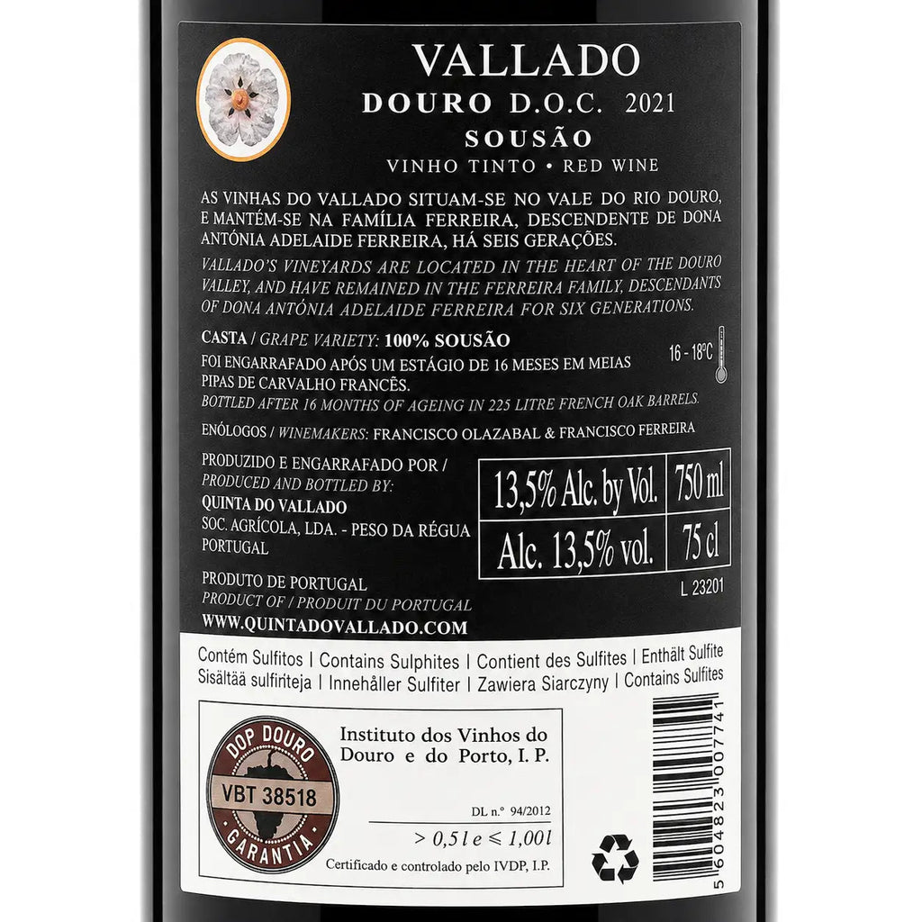 The back of a wine bottle label for Vallado Vallado Sousão Douro D.O.C. 2021