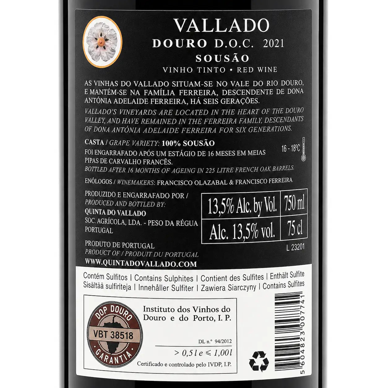 The back of a wine bottle label for Vallado Vallado Sousão Douro D.O.C. 2021