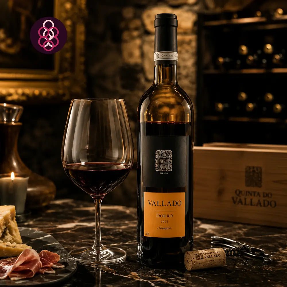 A bottle of Vallado Sousão 2021 red wine stands on a dark marble table beside a filled wine glass, with a cork, corkscrew, and a wooden wine box in a dimly lit wine cellar setting.