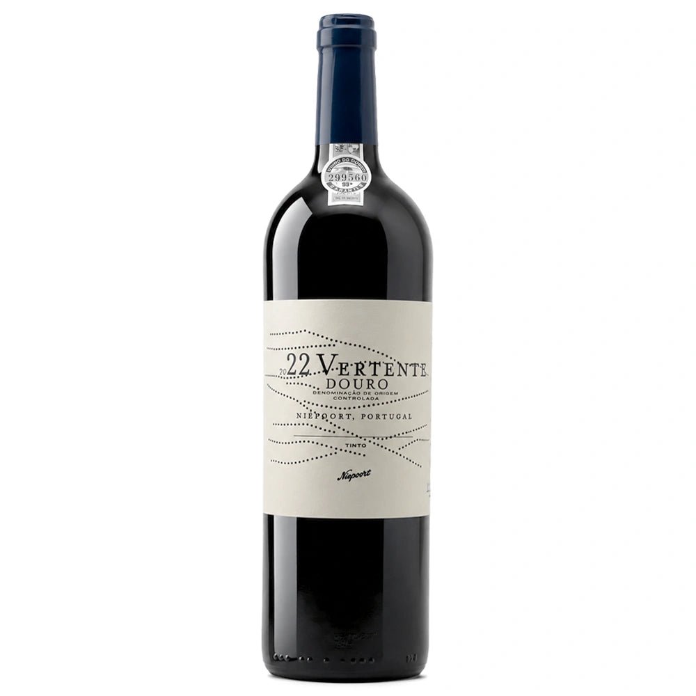 A bottle of 2022 Vertentes Douro red wine, featuring a dark glass bottle with a cream-colored label and a dark blue foil seal at the neck, set against a plain white background.