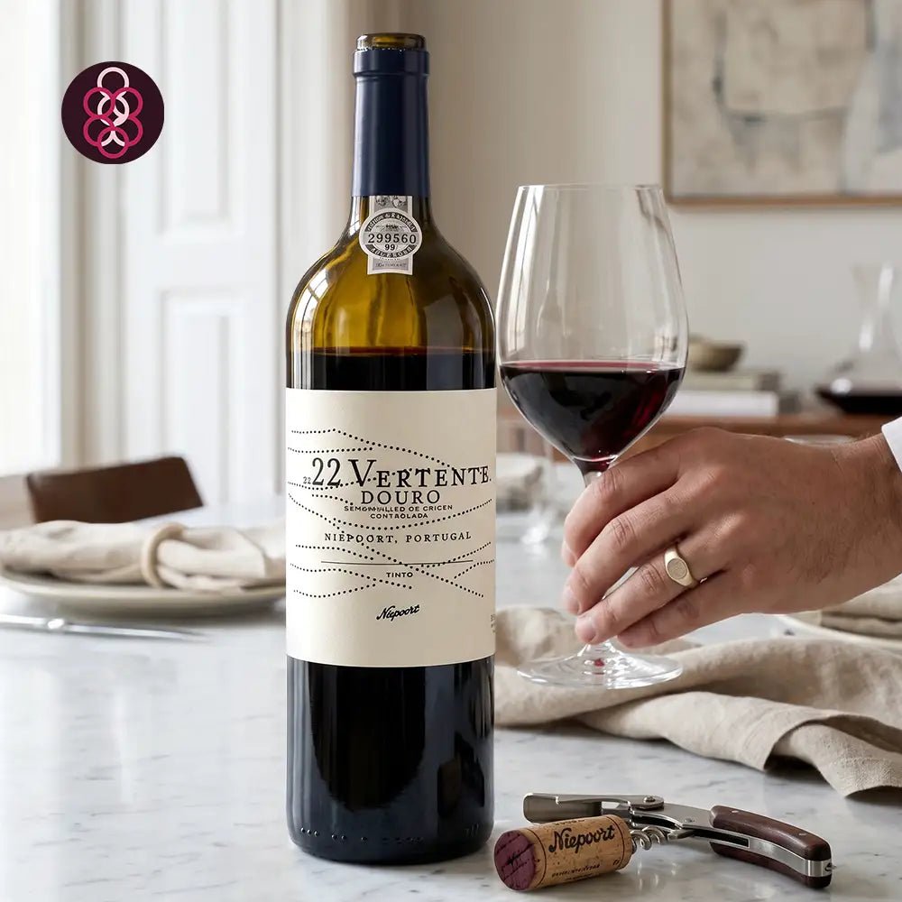 A bottle of 2022 Vertente Douro Non-Alcoholic Red Wine from Serrapí, Portugal, standing on a marble countertop next to a hand holding a glass of the deep red wine. A corkscrew is in the foreground, and a blurred kitchen background is visible.