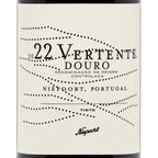 A close-up of a wine bottle label reading 2022 Vertente Douro' and 'Niepoort, Portugal' with dotted line graphics on an off-white background.