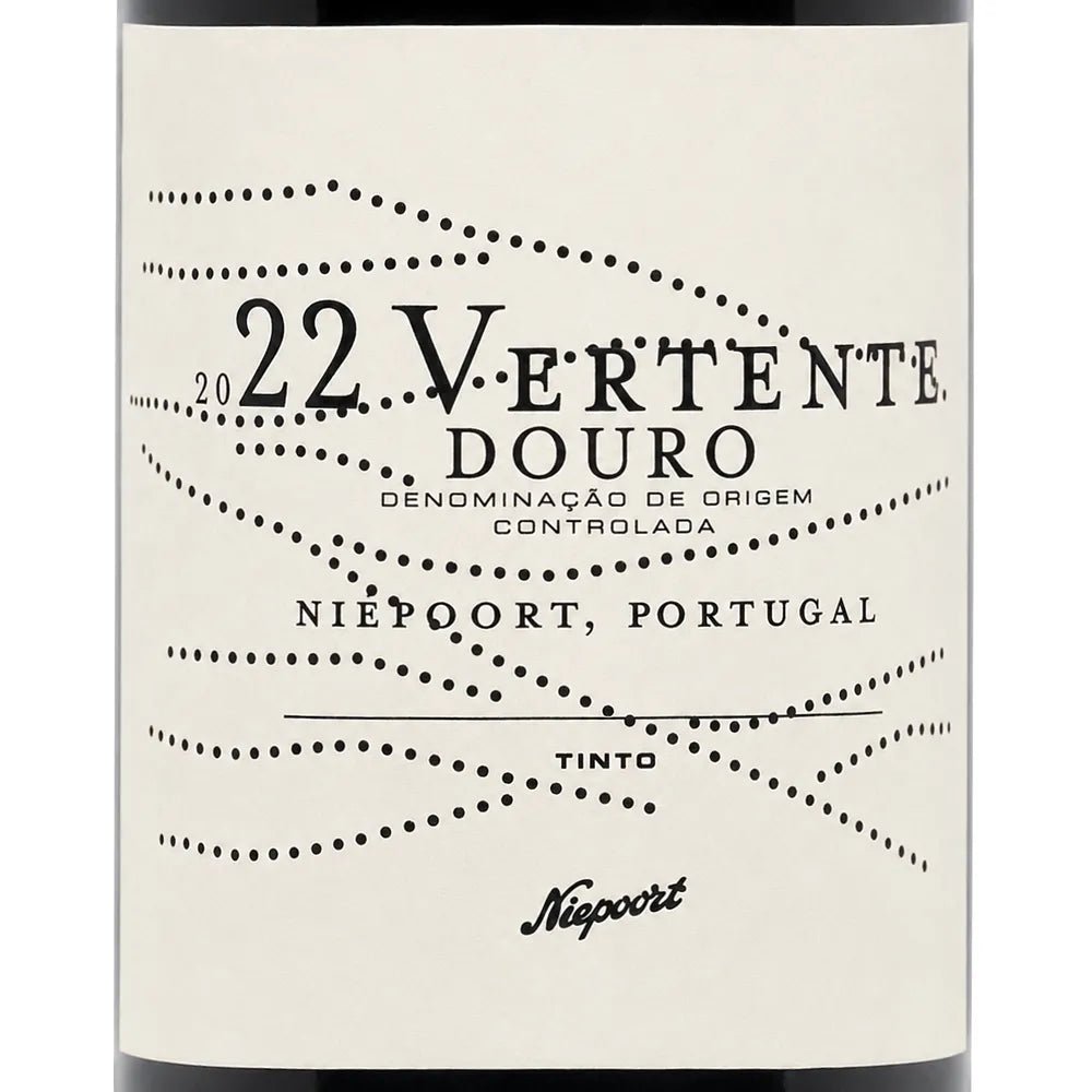 A close-up of a wine bottle label reading 2022 Vertente Douro' and 'Niepoort, Portugal' with dotted line graphics on an off-white background.