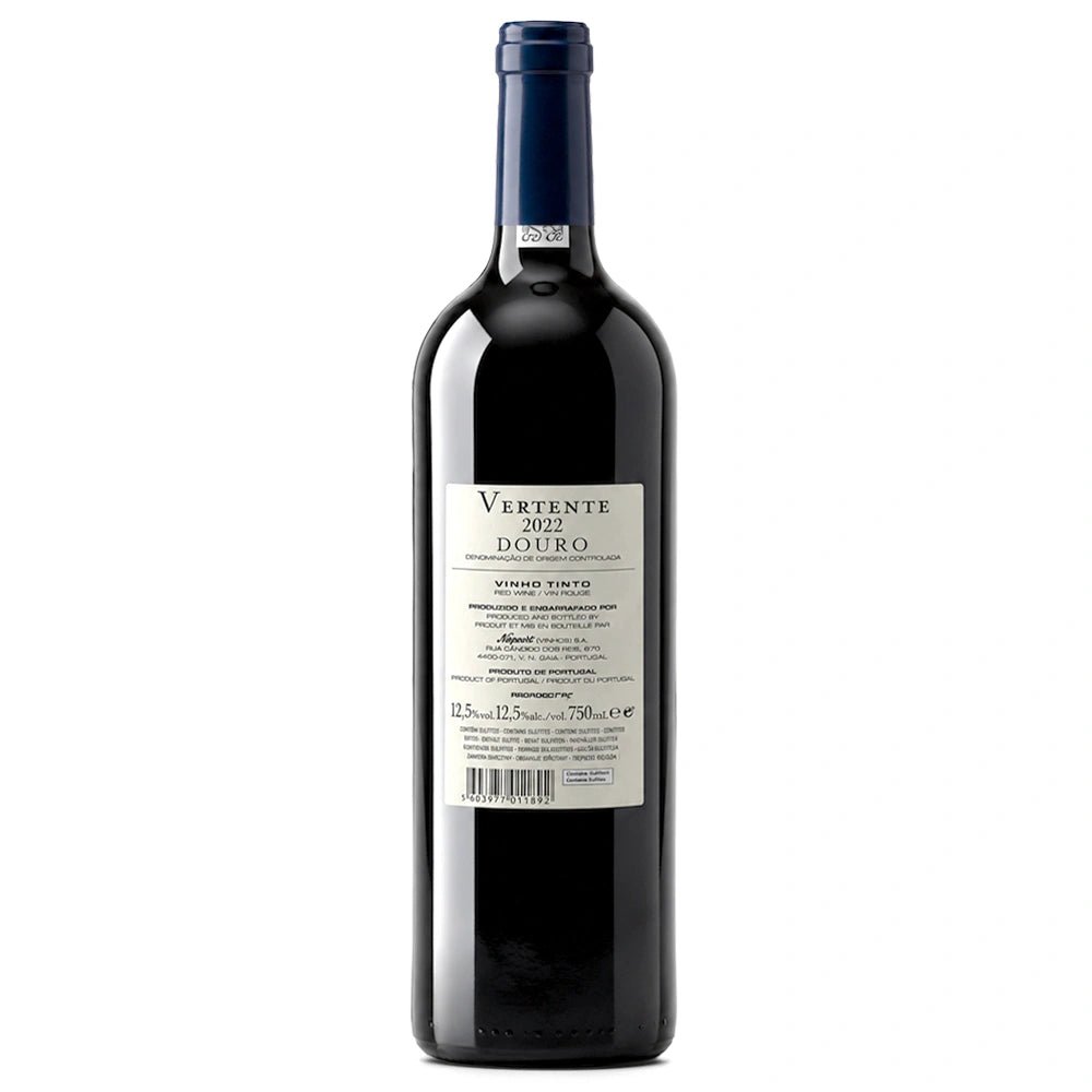 A single bottle of Vertente 2022 Douro Red wine, showing the back label and dark glass bottle against a plain white background.