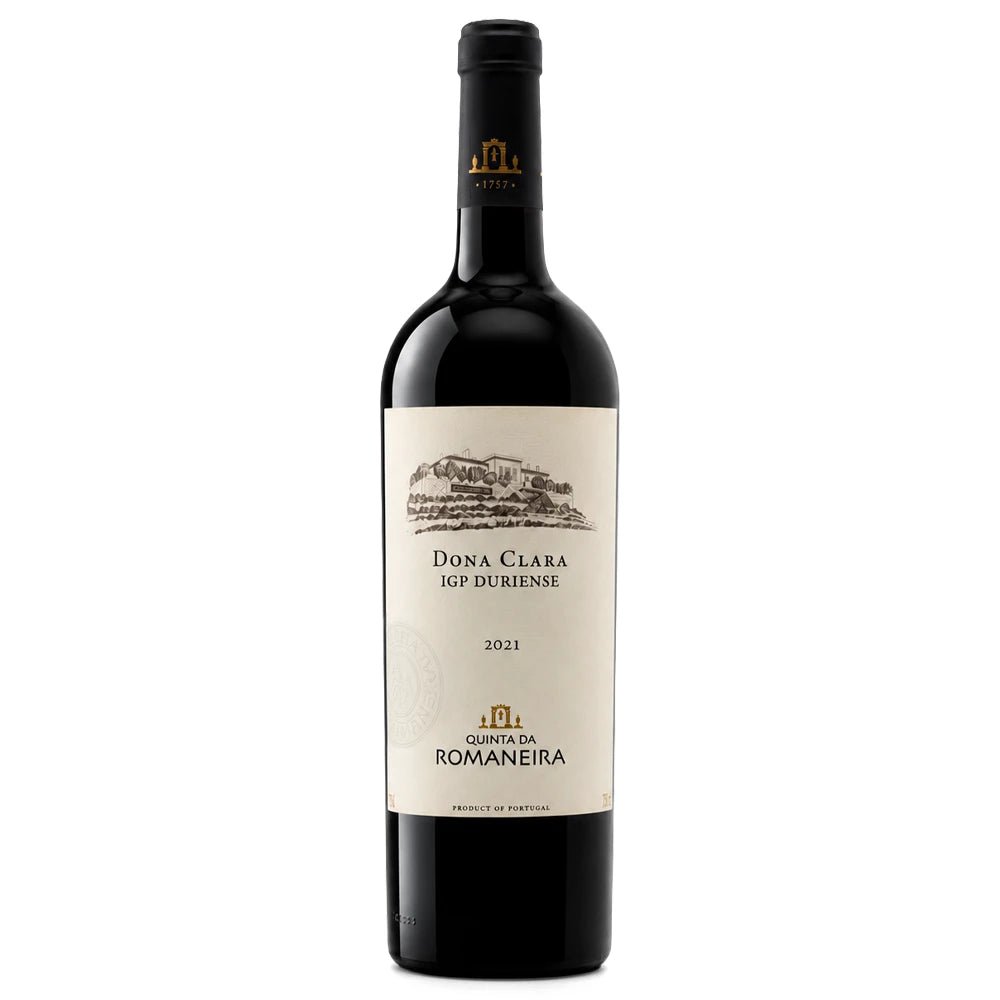 A bottle of red wine from Quinta da Romaneira Dona Clara, featuring a cream-colored label with black text and a black bottle with a dark foil capsule, set against a plain white background.