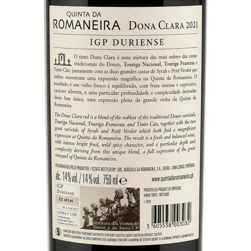 The back of a Quinta da Romanaire Dona Clara 2021 IGP Duriense wine bottle, showing the detailed Portuguese and English label text, barcode, and producer details.
