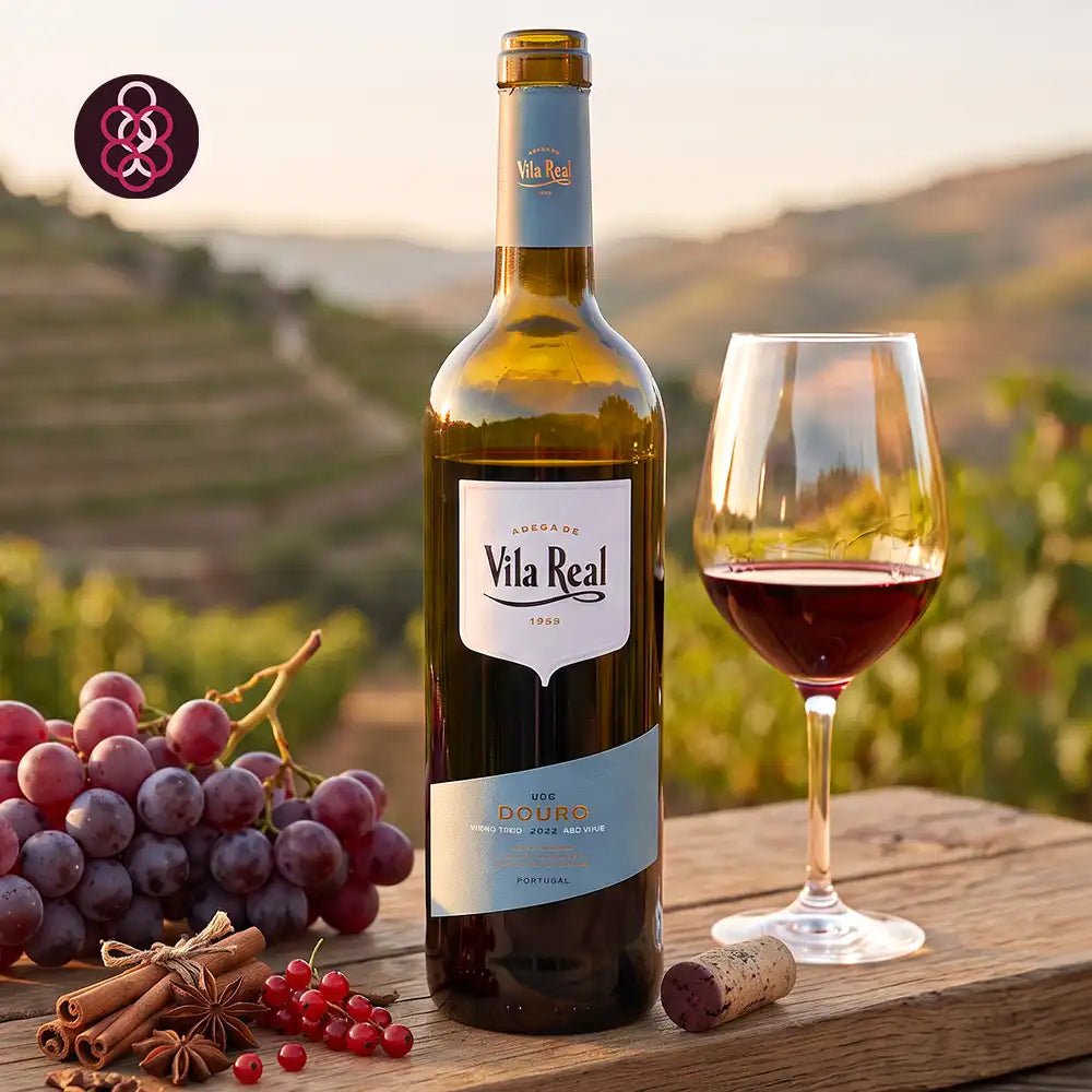 A bottle of Vila Real red wine with a glass of red wine, grapes, cinnamon sticks, and a cork on a wooden table, set against a blurred vineyard background.