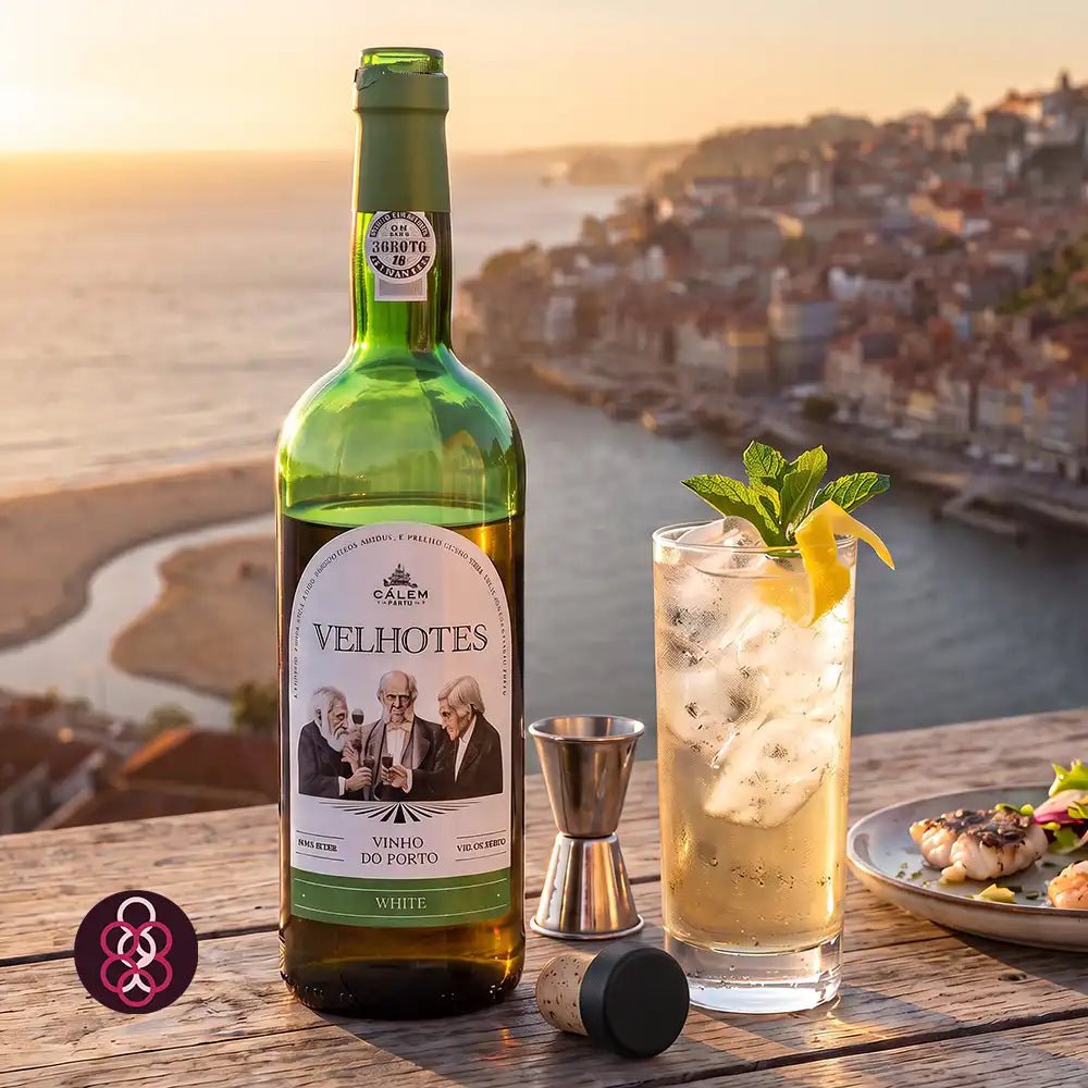 A bottle of Calém Velhotes white wine stands on a wooden table beside a glass of iced cocktail with mint and a lemon twist, with a jigger and cork. The background shows a coastal city at sunset with the sea and shoreline visible.