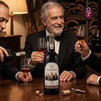A bottle of Calem Velhotes red wine is displayed on a wooden table, surrounded by three men in black suits holding wine glasses and one pouring wine. The wine bottle has a white label with black text and a portrait of three men.