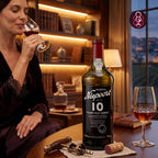 A bottle of Porto Nepoort 10 Years Old Tawny Port wine is displayed on a table in a warm, elegant room setting, with a woman in a dark robe holding a glass of red wine in the background. Two corks are placed in the foreground.