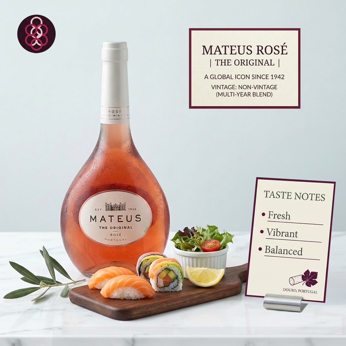 Mateus Rosé wine bottle with sushi and a taste notes card on a light background