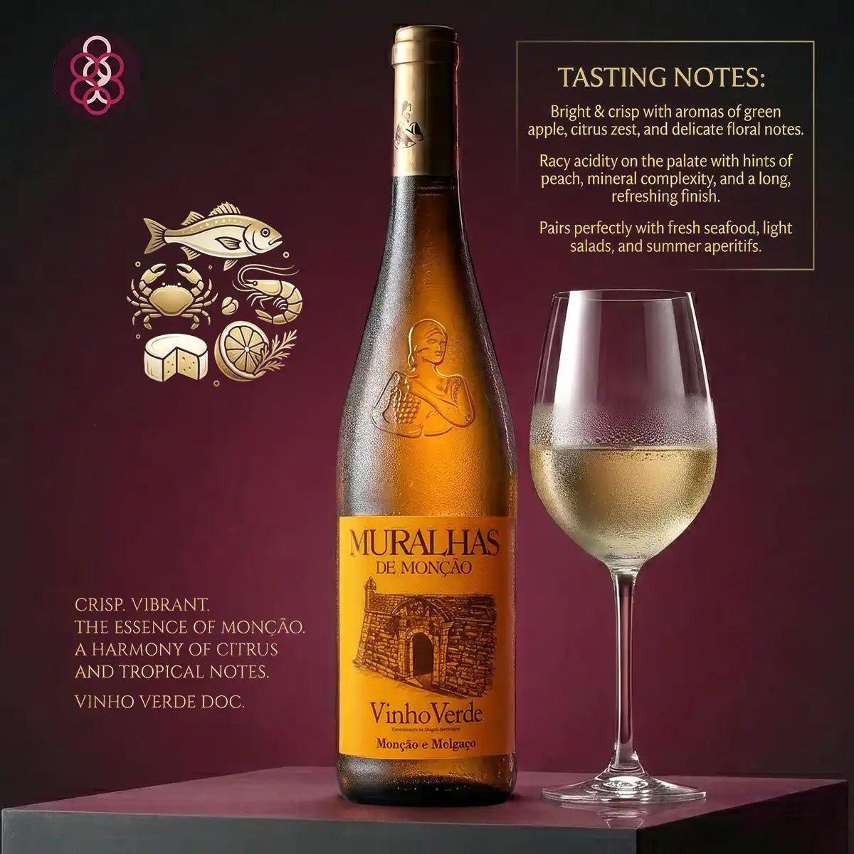 Muralhas de Moncao Vinho Verde wine bottle with a glass of wine on a dark background