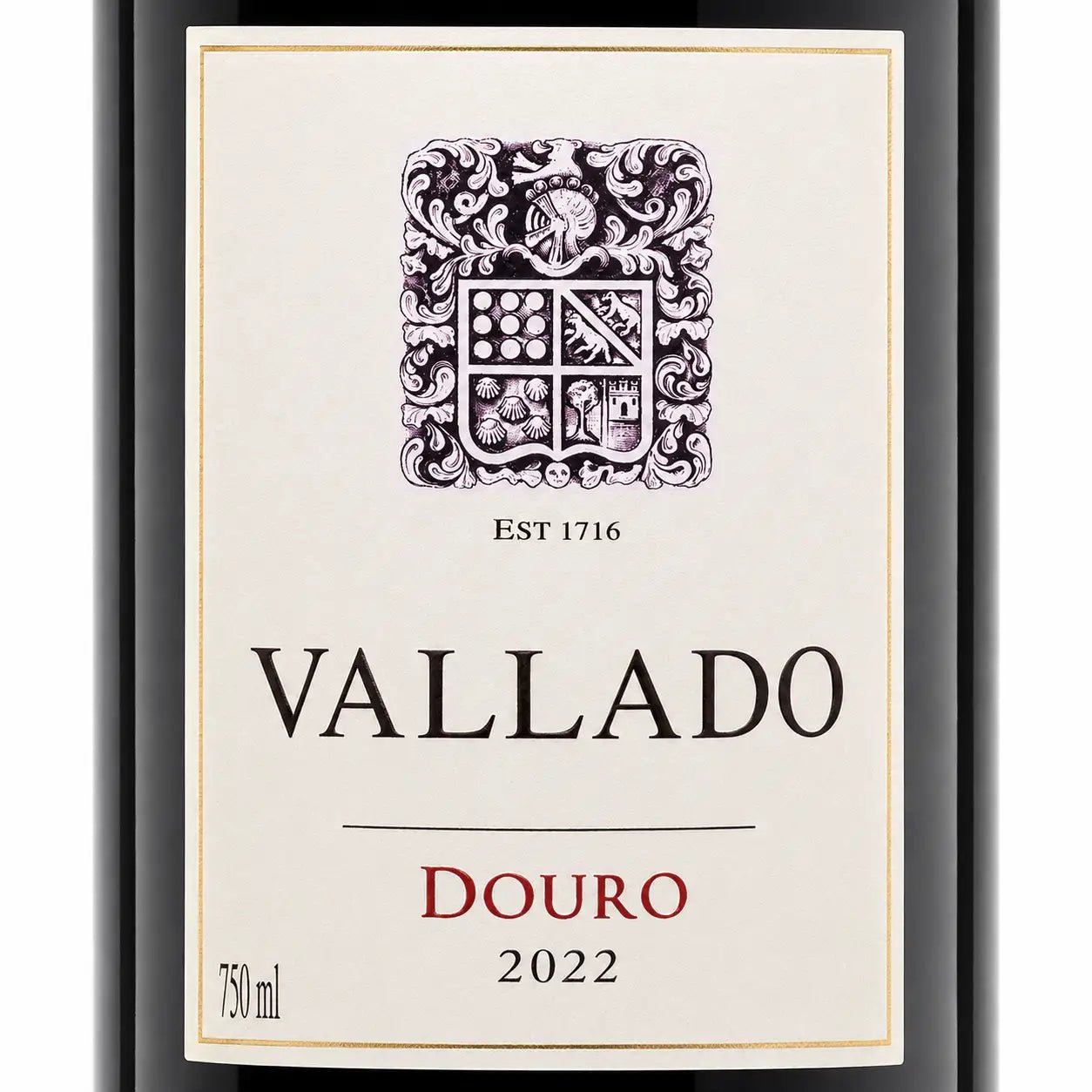Front-facing wine bottle label for Vallado Douro 2022, showing a cream label with a dark crest, large black VALLADO text, red DOURO text, and 750 ml at the bottom left.
