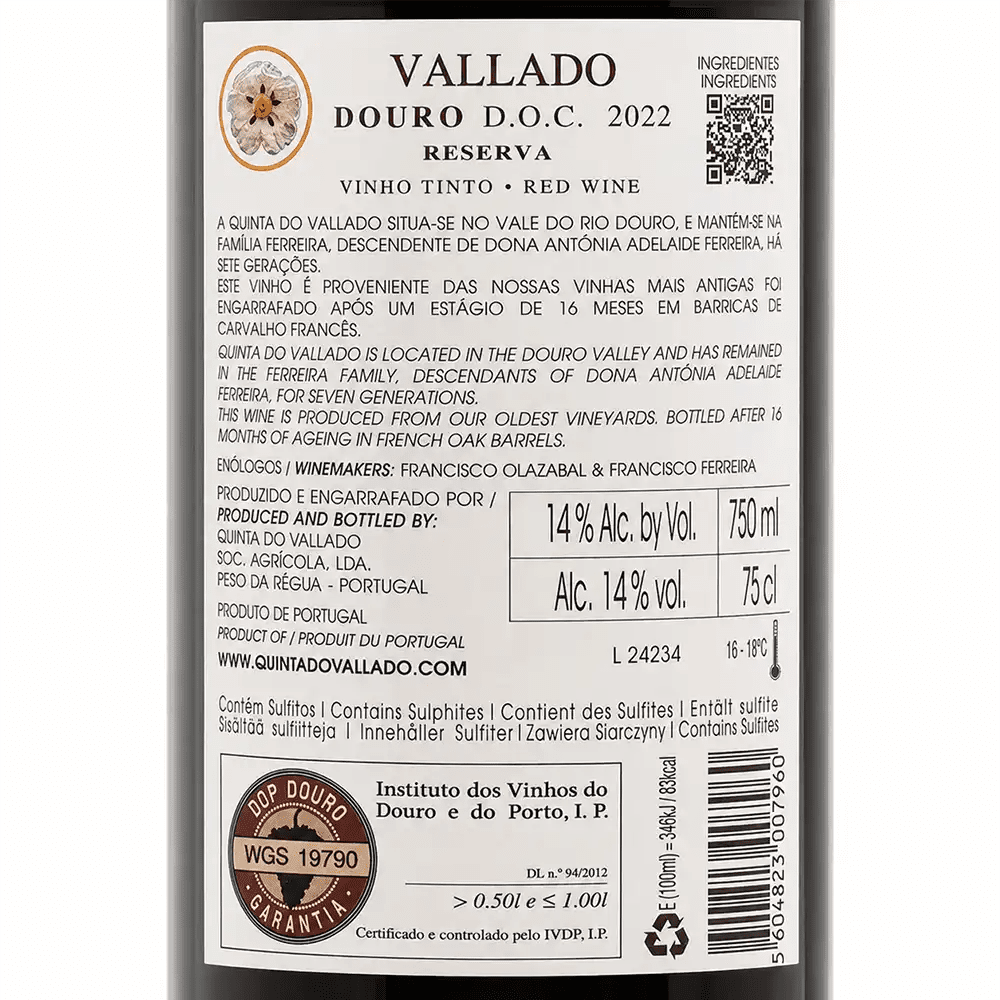 Back label of a bottle of VALLADO DOURO D.O.C.