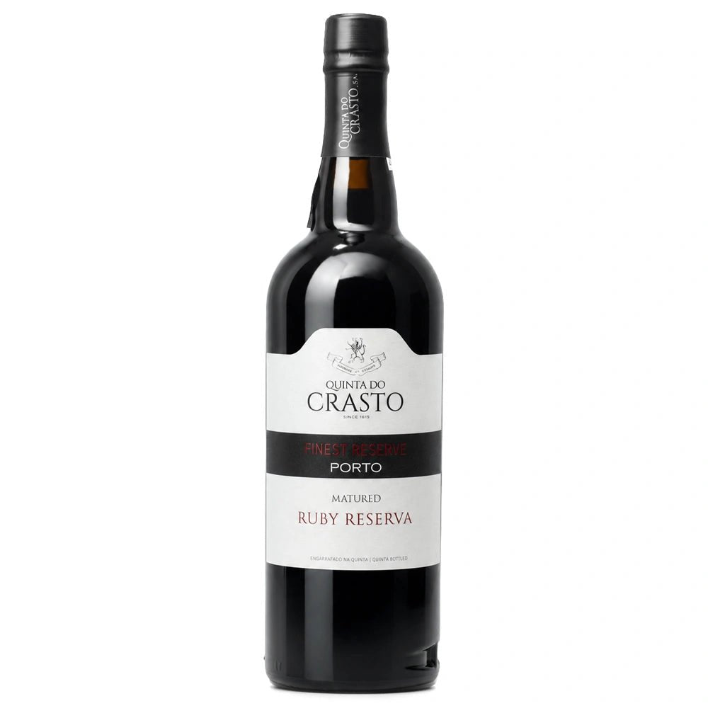 A bottle of Crasto Porto Ruby Reserva Port wine, featuring a dark glass bottle with a white and black label, set against a plain white background.