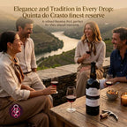Four people sitting outdoors by a table with wine glasses and a bottle of Quinto do Crasto red wine, with a scenic vineyard landscape in the background and promotional text at the top.
