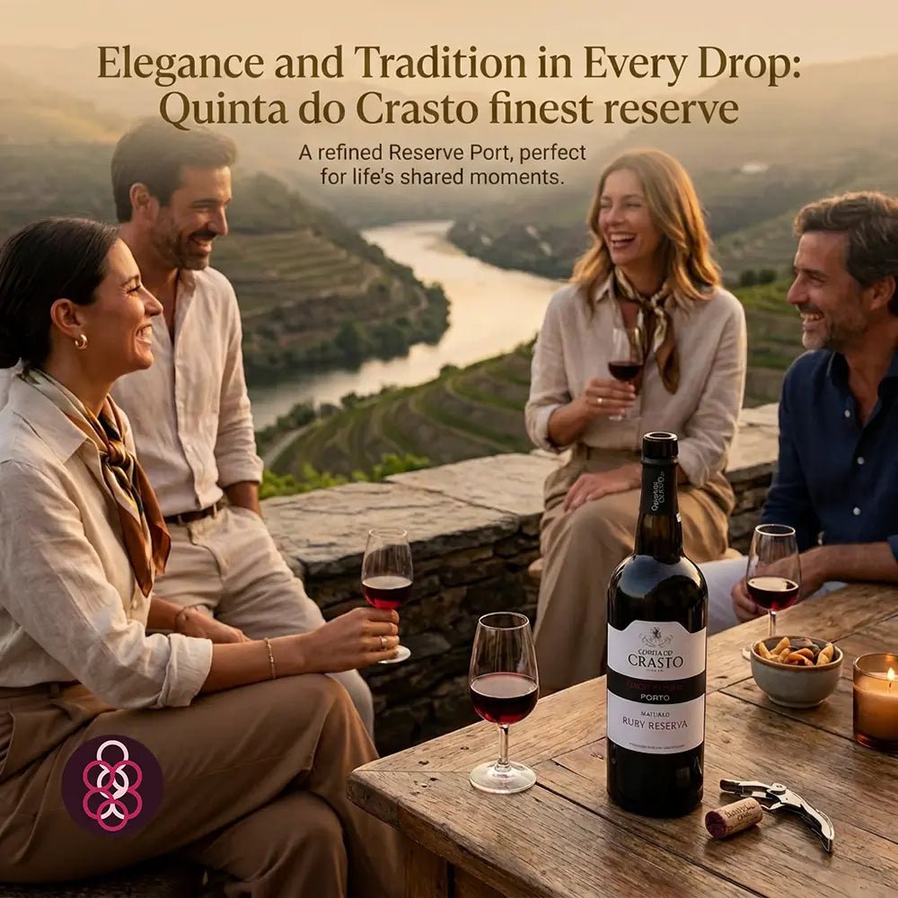 Four people sitting outdoors by a table with wine glasses and a bottle of Quinto do Crasto red wine, with a scenic vineyard landscape in the background and promotional text at the top.