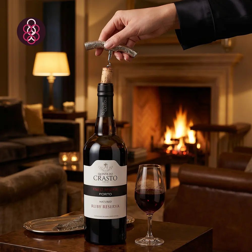 A bottle of Crasto Port wine with a glass of red wine and a hand unscrewing the cork, set on a wooden table in a cozy living room with a fireplace in the background.