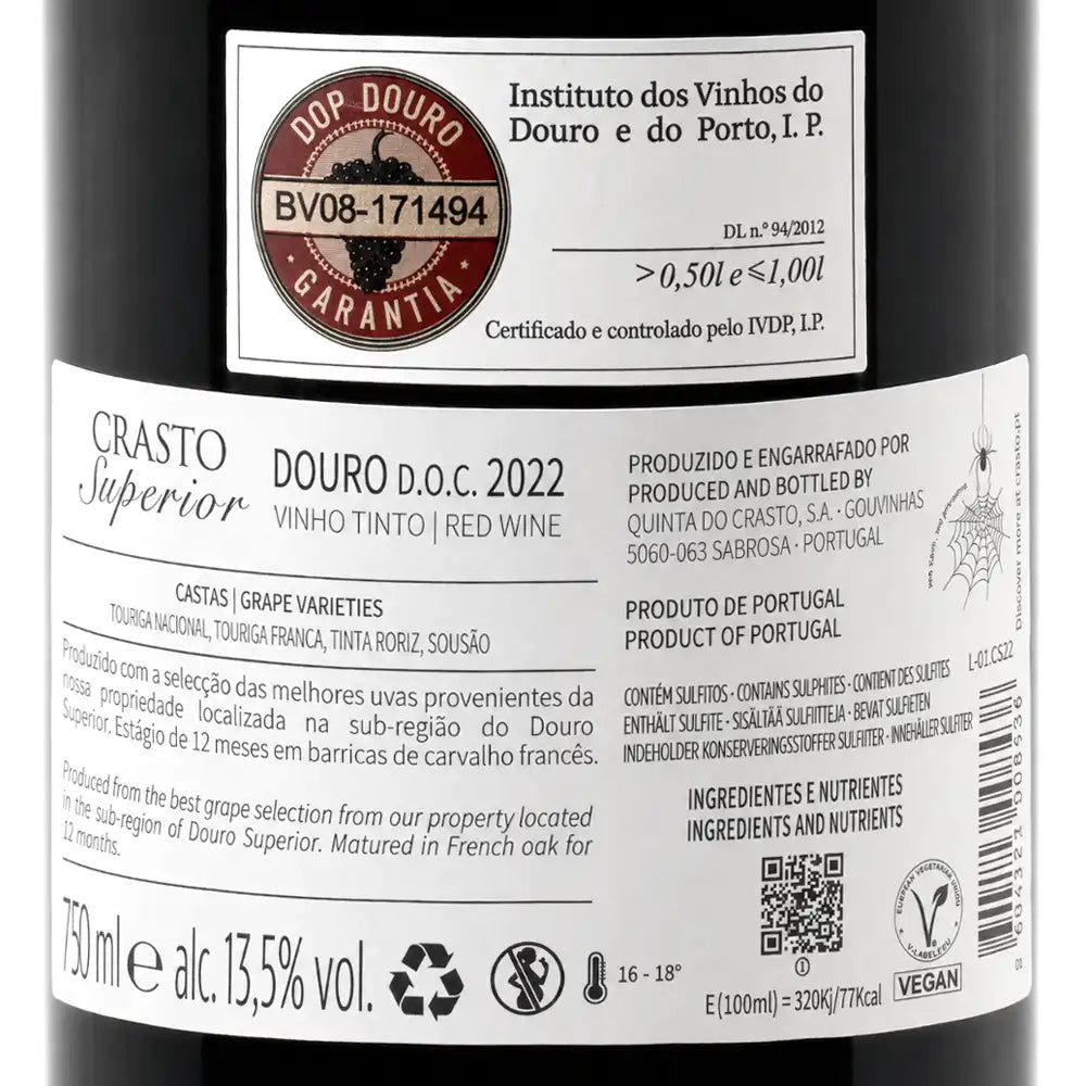 Close-up of a dark wine bottle label reading Crasto Superior Douro D.O.C