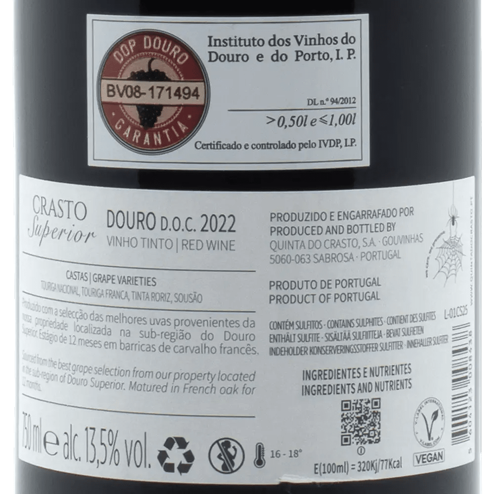 Wine Crasto Superior Red wine back bottle with text and certification details