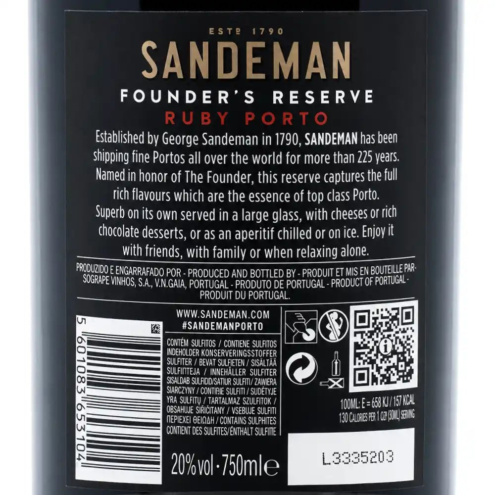 The back label of a Sandeman Founder's Reserve Ruby Porto wine bottle, showing product details, ingredients, and a barcode on a black background.