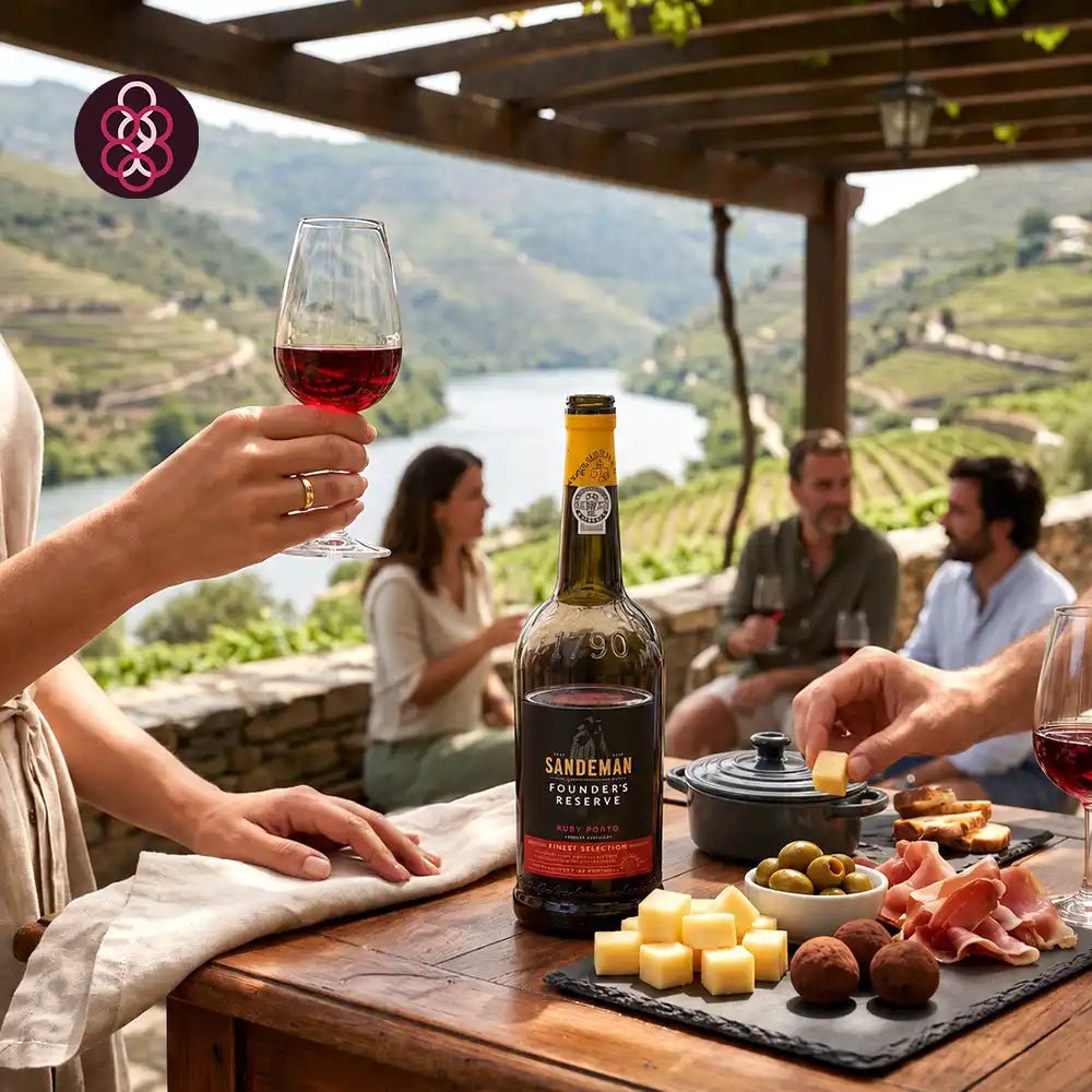 A bottle of Sandeman Founder's Reserve port wine is displayed on a wooden table in an outdoor patio setting, surrounded by people holding wine glasses and enjoying cheese, olives, and cured meats, with a scenic vineyard landscape in the background.