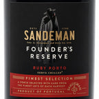 A close-up of a Sandeman Founder's Reserve Ruby Porto wine label. The label is predominantly black with gold, white, and red typography, featuring a dark silhouette of a figure in a suit and hat.