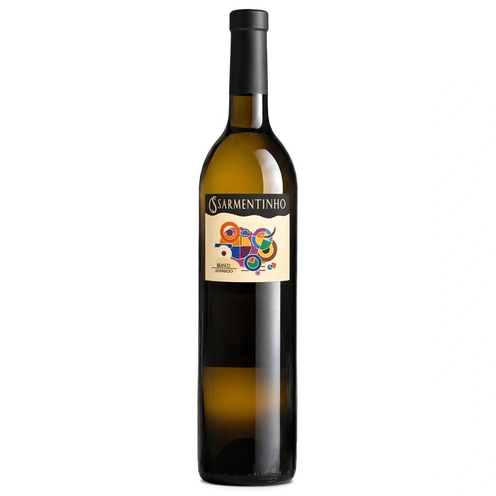 A bottle of Sarmentinho white wine with a black cap and a colorful label, shown on a plain white background.